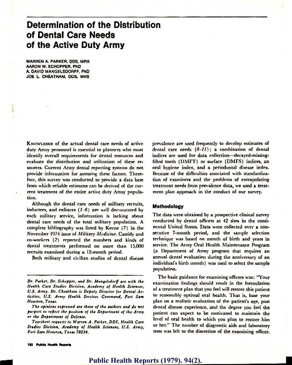 Public Health Reports (1979): Determination of the distribution of dental care needs of the active duty Army