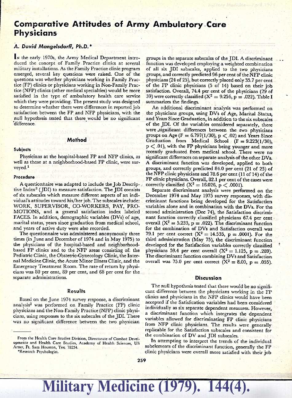Military Medicine (1979): Comparative attitudes of Army ambulatory care physicians