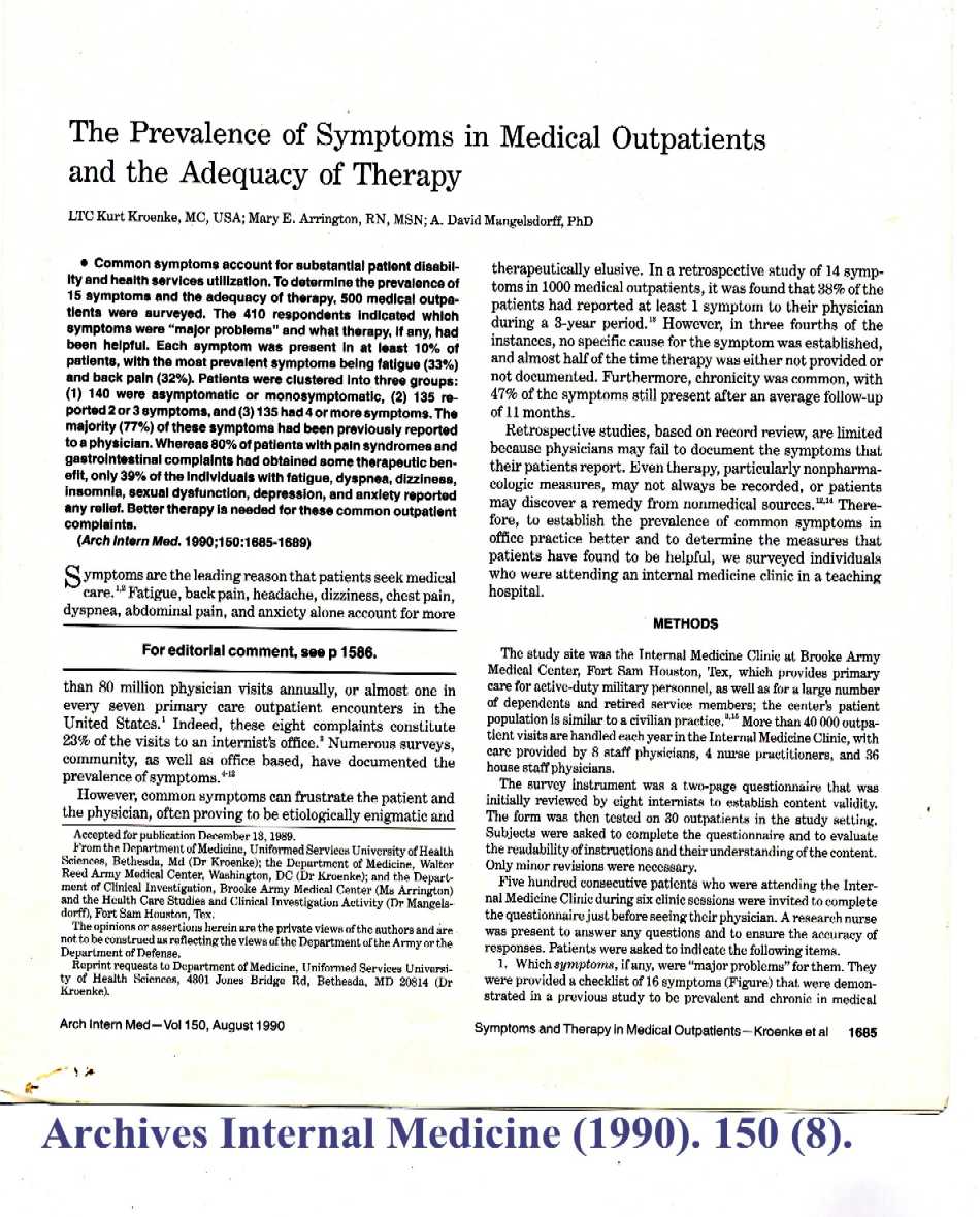 Archives of Internal Medicine (1990): The prevalence of symptoms in medical outpatients and the adequacy of therapy