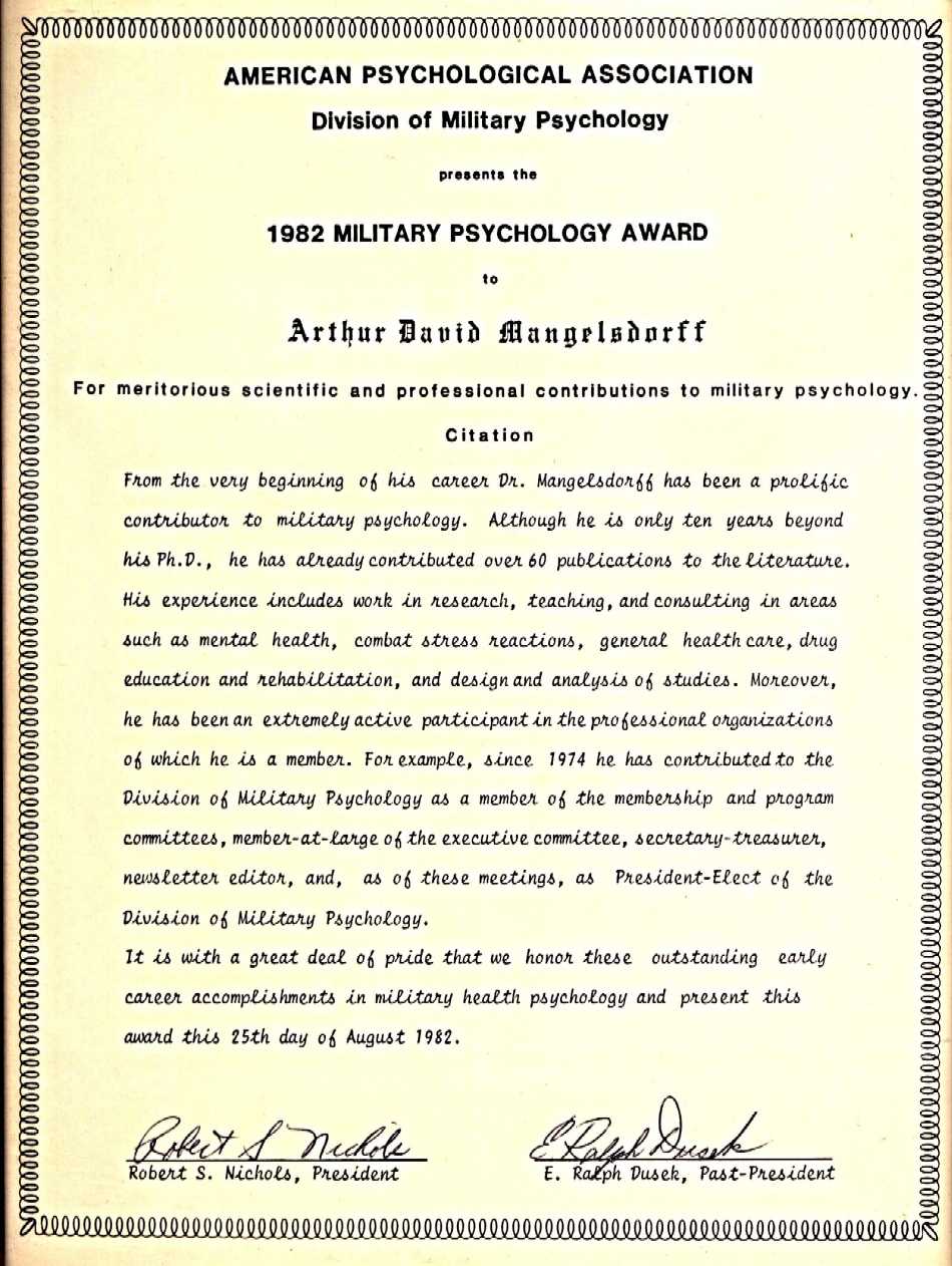 American Psychological Association, Division of Military Psychology Award citation