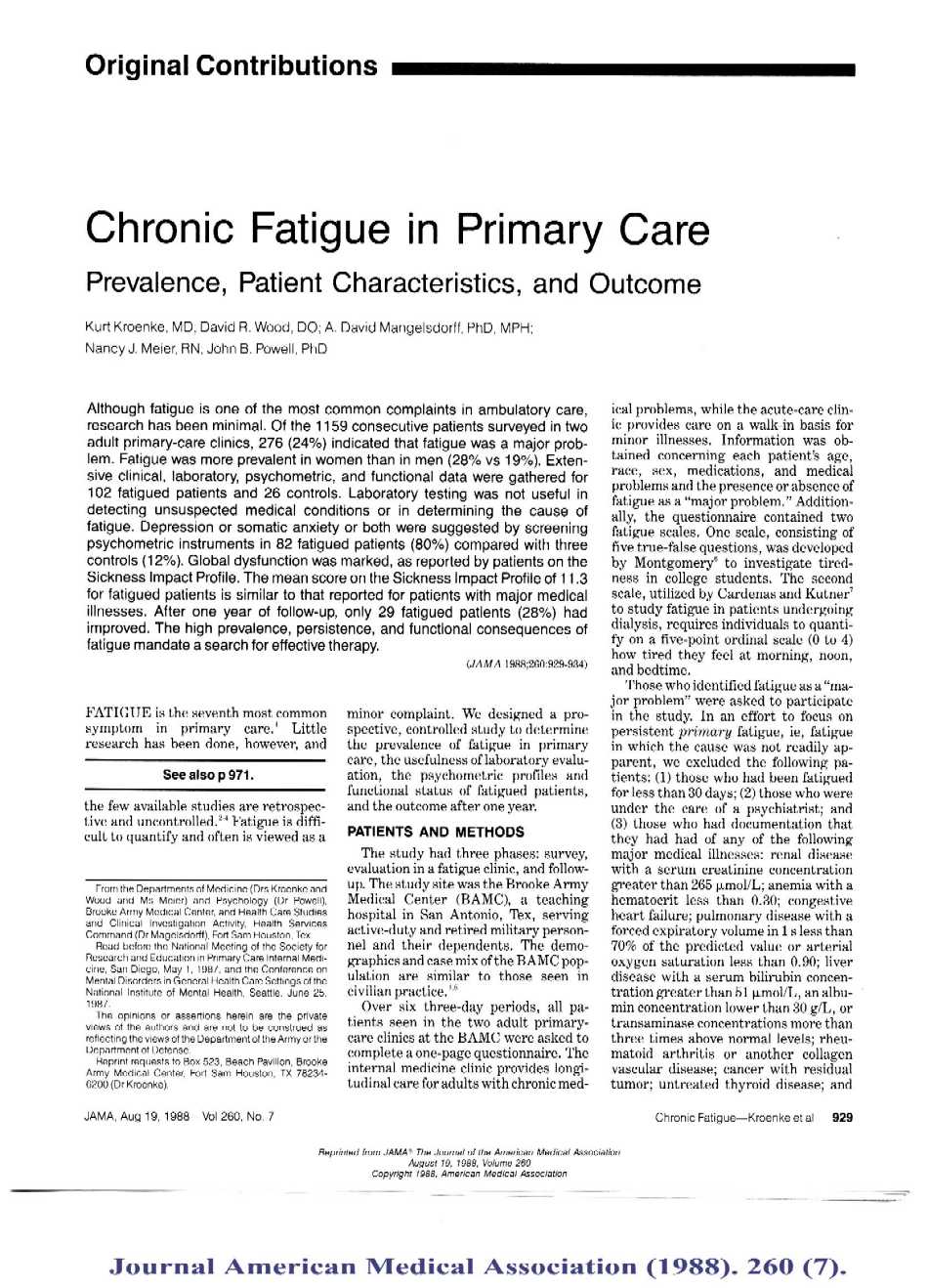 Journal American Medical Association (1988): Chronic fatigue in primary care